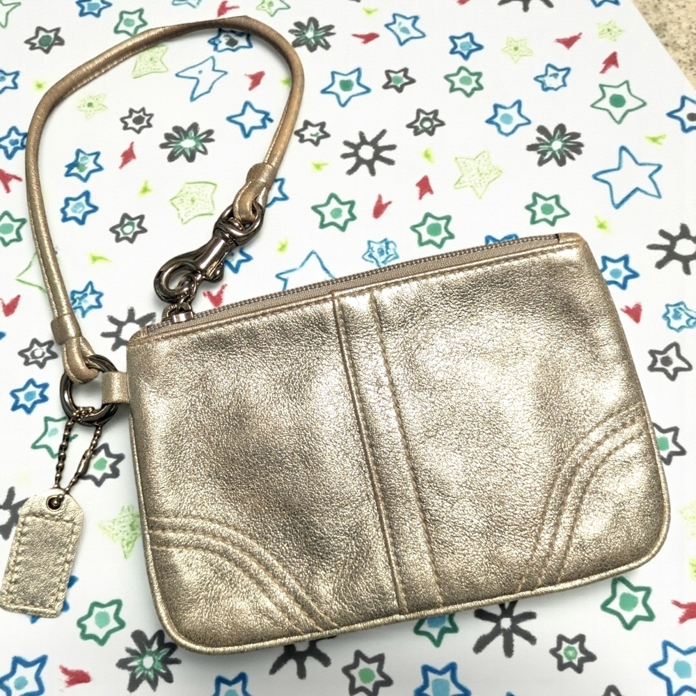 Metallic Silver Coach Wristlet Clutch, Match Tag & Hardware,Buttery Soft Leather